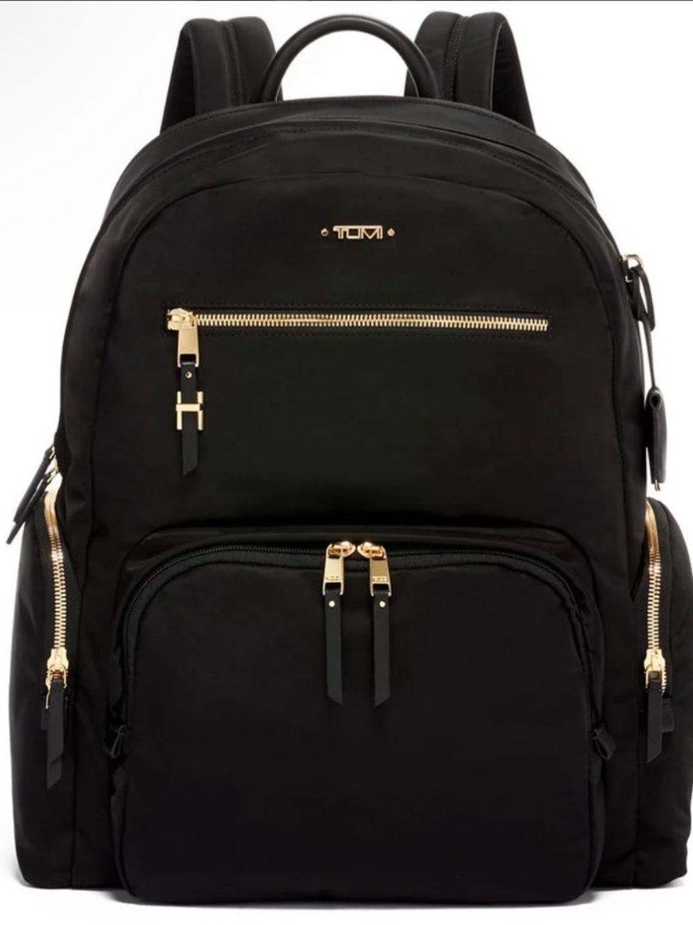 Tumi Black Nylon Backpack with Gold Hardware and Multiple Pockets